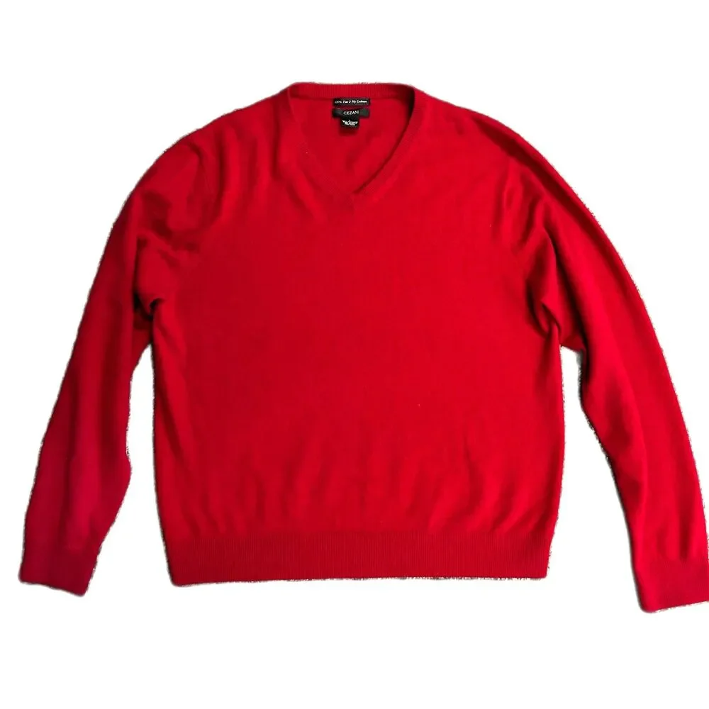 Cezani Men's Red 100% Cashmere Classic V-Neck LS Sweater Size L